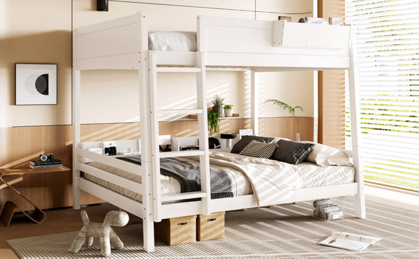 English Elm Queen Over Bunk Bed Pine Frame with Built in Shelving Detachable Vintage Style White W5316S00014