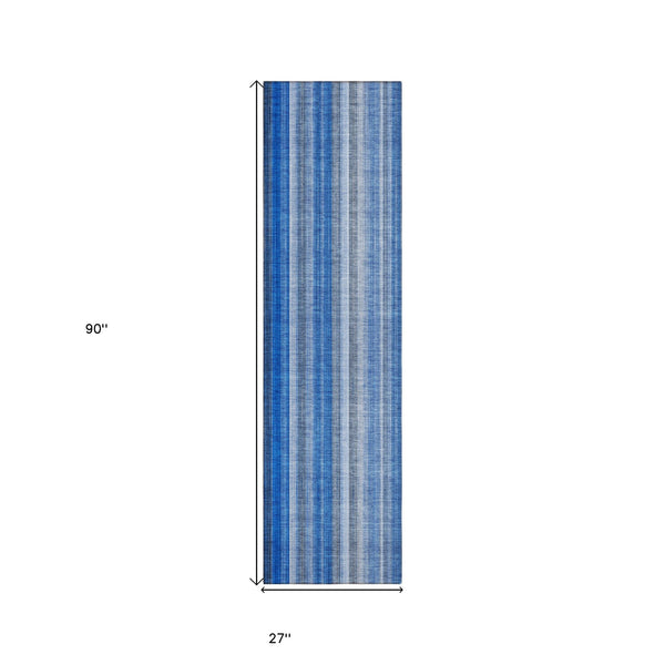 Homeroots 8' Runner Blue Striped Washable Non Skid Indoor Outdoor Runner Rug Blue Polyester 562021