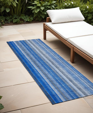 Homeroots 8' Runner Blue Striped Washable Non Skid Indoor Outdoor Runner Rug Blue Polyester 562021