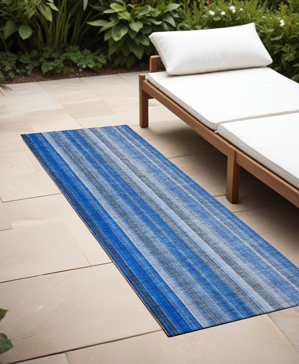 Homeroots 8' Runner Blue Striped Washable Non Skid Indoor Outdoor Runner Rug Blue Polyester 562021