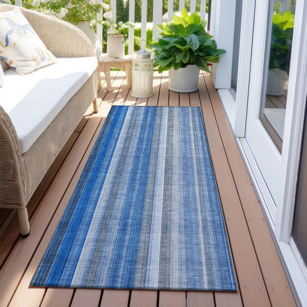 Homeroots 8' Runner Blue Striped Washable Non Skid Indoor Outdoor Runner Rug Blue Polyester 562021