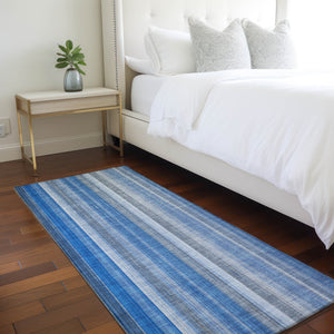 Homeroots 8' Runner Blue Striped Washable Non Skid Indoor Outdoor Runner Rug Blue Polyester 562021