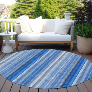 Homeroots 3' Blue Striped Washable Non-skid Area Rug - Stylish, Stain Resistant For Indoor Or Outdoor Use 8' Round Polyester 562025