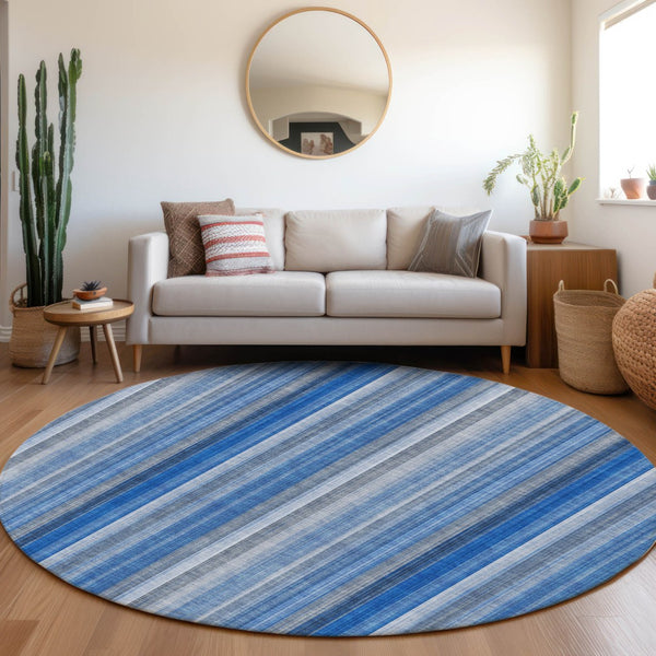 Homeroots 3' Blue Striped Washable Non-skid Area Rug - Stylish, Stain Resistant For Indoor Or Outdoor Use 8' Round Polyester 562025