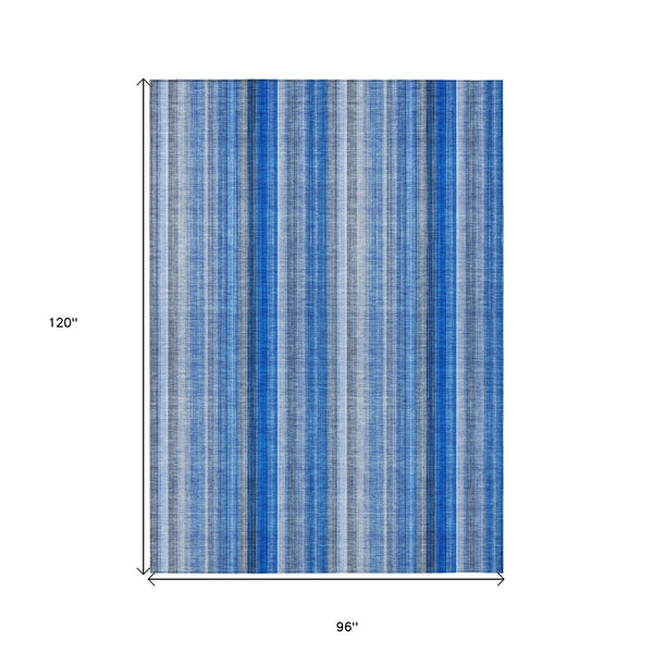 Homeroots 8' X 10' Blue Striped Washable Non Skid Indoor Outdoor Area Rug Blue Polyester 562026