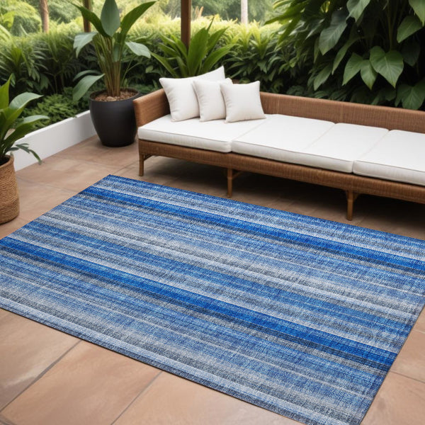 Homeroots 8' X 10' Blue Striped Washable Non Skid Indoor Outdoor Area Rug Blue Polyester 562026