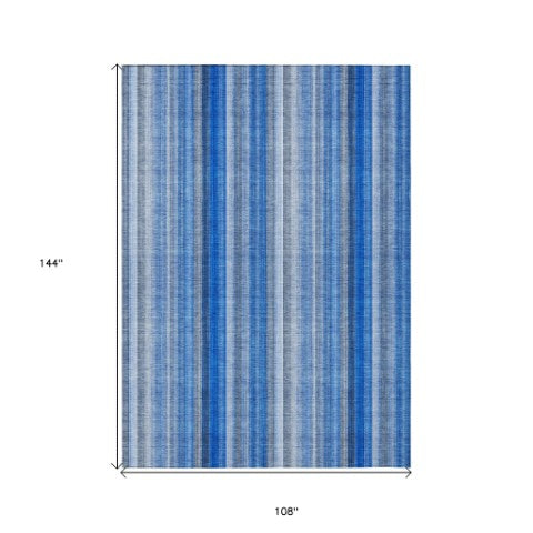 Homeroots 3' Blue Striped Washable Non-skid Area Rug - Stylish, Stain Resistant For Indoor Or Outdoor Use 9' X 12' Polyester 562027