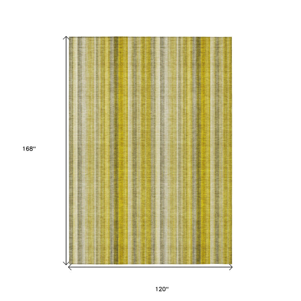 Homeroots 10' X 14' Gold Striped Washable Non Skid Indoor Outdoor Area Rug Gold Polyester 562037