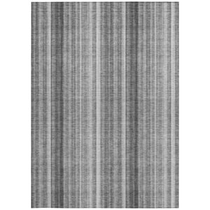 Homeroots 10' X 14' Gray Striped Washable Non Skid Indoor Outdoor Area Rug Gray Polyester 562046
