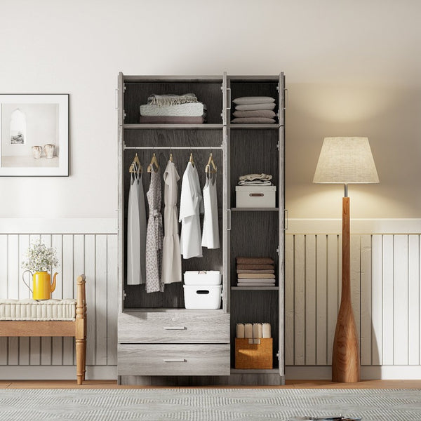 English Elm 3-door Mirrored Wardrobe with Full Length Dressing Mirror Drawers and Top Cabinet Gray LP006005AAE