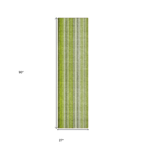 Homeroots 2' X 8' Green Striped Washable Non Skid Indoor Outdoor Runner Rug Green Polyester 562048