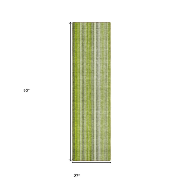 Homeroots 2' X 8' Green Striped Washable Non Skid Indoor Outdoor Runner Rug Green Polyester 562048