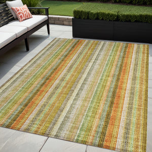 Homeroots 5' X 8' Tan Orange And Green Striped Washable Non Skid Indoor Outdoor Area Rug Khaki Polyester 562060