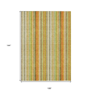 Homeroots 9' X 12' Tan Orange And Green Striped Washable Non Skid Indoor Outdoor Area Rug Khaki Polyester 562063