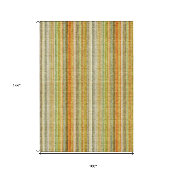 Homeroots 9' X 12' Tan Orange And Green Striped Washable Non Skid Indoor Outdoor Area Rug Khaki Polyester 562063
