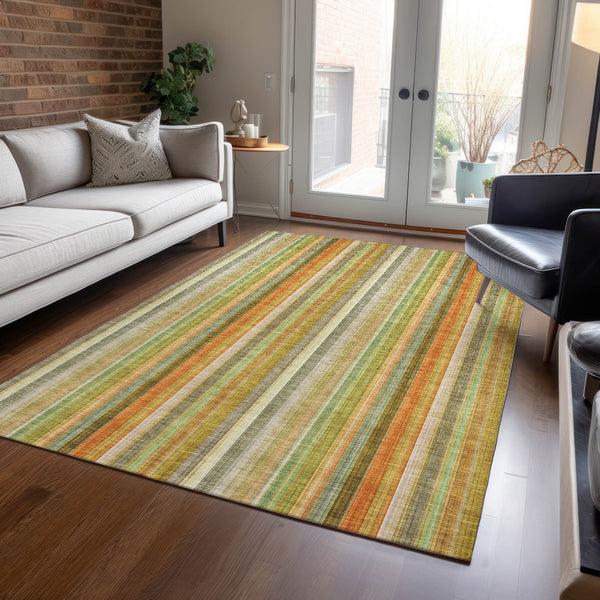 Homeroots 9' X 12' Tan Orange And Green Striped Washable Non Skid Indoor Outdoor Area Rug Khaki Polyester 562063