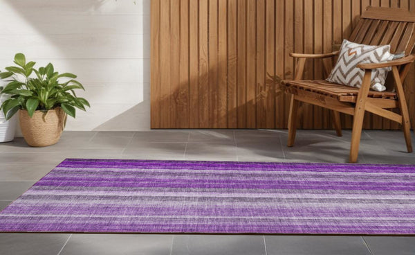 Homeroots 8' Runner Purple Striped Washable Non Skid Indoor Outdoor Runner Rug Purple Polyester 562075