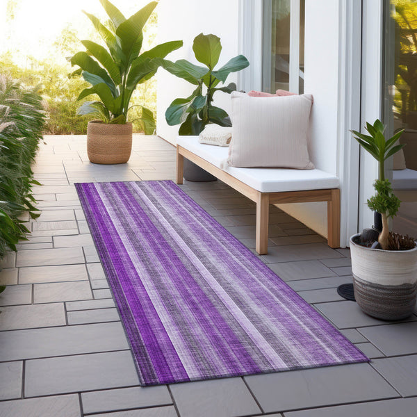 Homeroots 8' Runner Purple Striped Washable Non Skid Indoor Outdoor Runner Rug Purple Polyester 562075