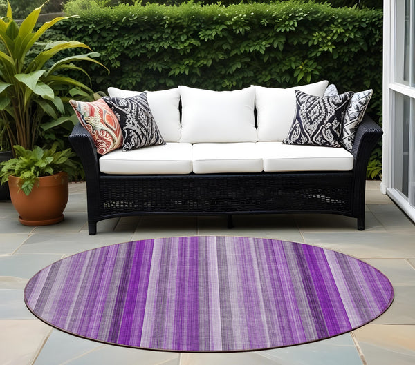 Homeroots 8' Round Purple Round Striped Washable Non Skid Indoor Outdoor Area Rug Purple Polyester 562079