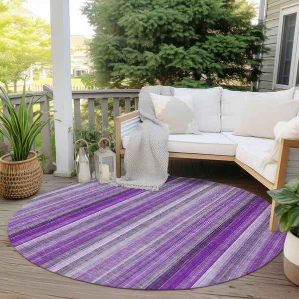 Homeroots 8' Round Purple Round Striped Washable Non Skid Indoor Outdoor Area Rug Purple Polyester 562079