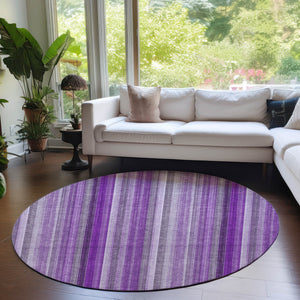 Homeroots 8' Round Purple Round Striped Washable Non Skid Indoor Outdoor Area Rug Purple Polyester 562079