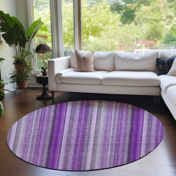 Homeroots 8' Round Purple Round Striped Washable Non Skid Indoor Outdoor Area Rug Purple Polyester 562079