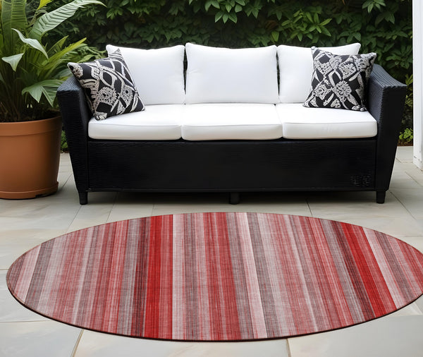 Homeroots 8' Round Gray Pink And Red Round Striped Washable Non Skid Indoor Outdoor Area Rug Red Polyester 562088