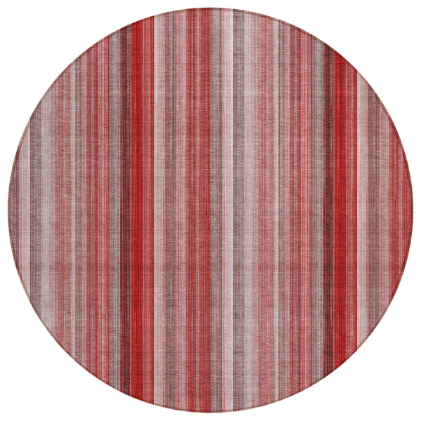 Homeroots 8' Round Gray Pink And Red Round Striped Washable Non Skid Indoor Outdoor Area Rug Red Polyester 562088