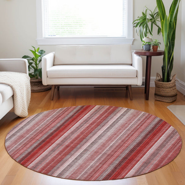 Homeroots 8' Round Gray Pink And Red Round Striped Washable Non Skid Indoor Outdoor Area Rug Red Polyester 562088