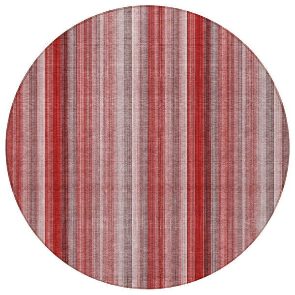 Homeroots 8' Round Gray Pink And Red Round Striped Washable Non Skid Indoor Outdoor Area Rug Red Polyester 562088
