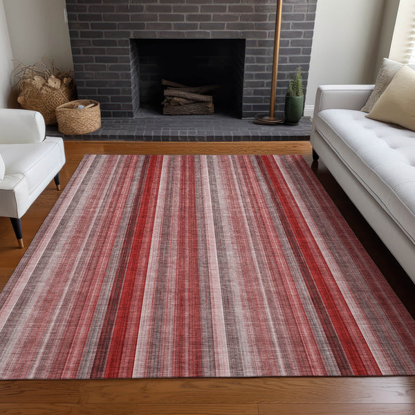 Homeroots 10' X 14' Gray Pink And Red Striped Washable Non Skid Indoor Outdoor Area Rug Red Polyester 562091