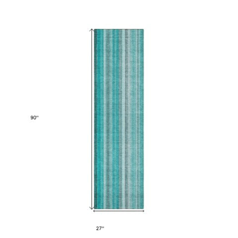 Homeroots 3' Blue Striped Washable Non-skid Area Rug - Stylish, Stain Resistant For Indoor Or Outdoor Use Teal Polyester 562093