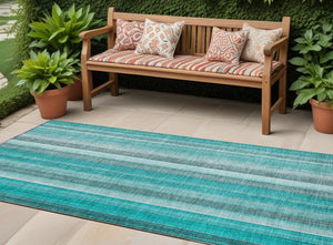 Homeroots 3' Blue Striped Washable Non-skid Area Rug - Stylish, Stain Resistant For Indoor Or Outdoor Use Teal Polyester 562093