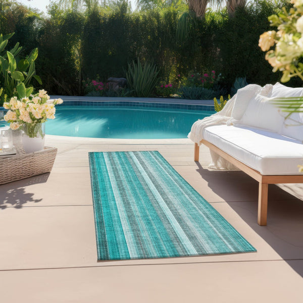 Homeroots 3' Blue Striped Washable Non-skid Area Rug - Stylish, Stain Resistant For Indoor Or Outdoor Use Teal Polyester 562093