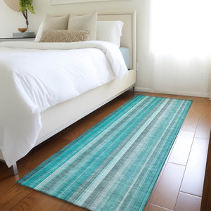 Homeroots 3' Blue Striped Washable Non-skid Area Rug - Stylish, Stain Resistant For Indoor Or Outdoor Use Teal Polyester 562093
