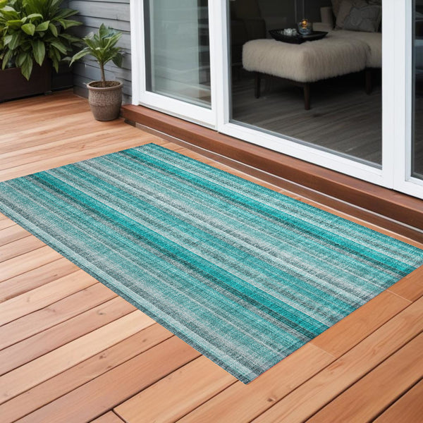 Homeroots 3' X 5' Teal And Gray Striped Washable Non Skid Indoor Outdoor Area Rug Teal Polyester 562095