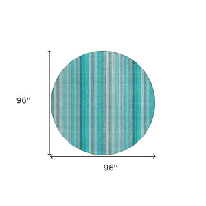 Homeroots 8' Round Teal And Gray Round Striped Washable Non Skid Indoor Outdoor Area Rug Teal Polyester 562097