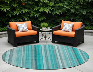 Homeroots 8' Round Teal And Gray Round Striped Washable Non Skid Indoor Outdoor Area Rug Teal Polyester 562097