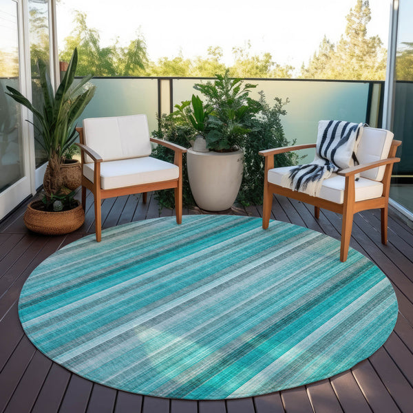 Homeroots 8' Round Teal And Gray Round Striped Washable Non Skid Indoor Outdoor Area Rug Teal Polyester 562097
