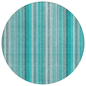 Homeroots 8' Round Teal And Gray Round Striped Washable Non Skid Indoor Outdoor Area Rug Teal Polyester 562097