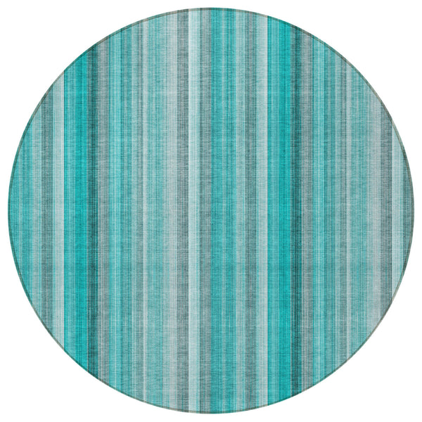 Homeroots 8' Round Teal And Gray Round Striped Washable Non Skid Indoor Outdoor Area Rug Teal Polyester 562097