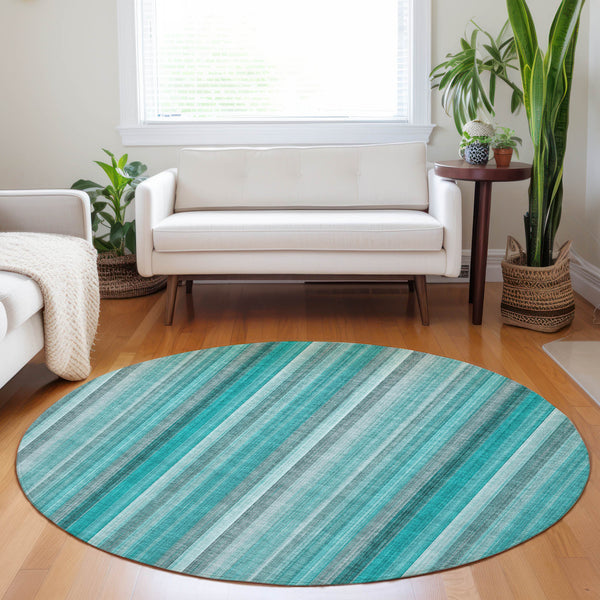 Homeroots 8' Round Teal And Gray Round Striped Washable Non Skid Indoor Outdoor Area Rug Teal Polyester 562097