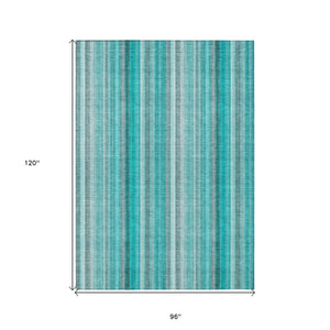 Homeroots 8' X 10' Teal And Gray Striped Washable Non Skid Indoor Outdoor Area Rug Teal Polyester 562098