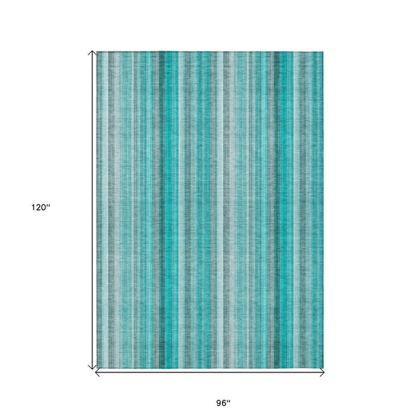 Homeroots 8' X 10' Teal And Gray Striped Washable Non Skid Indoor Outdoor Area Rug Teal Polyester 562098
