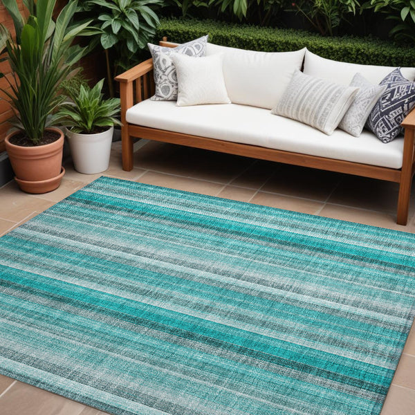 Homeroots 9' X 12' Teal And Gray Striped Washable Non Skid Indoor Outdoor Area Rug Teal Polyester 562099