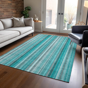 Homeroots 9' X 12' Teal And Gray Striped Washable Non Skid Indoor Outdoor Area Rug Teal Polyester 562099