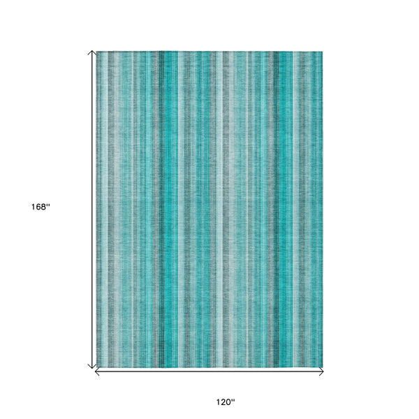 Homeroots 10' X 14' Teal And Gray Striped Washable Non Skid Indoor Outdoor Area Rug Teal Polyester 562100