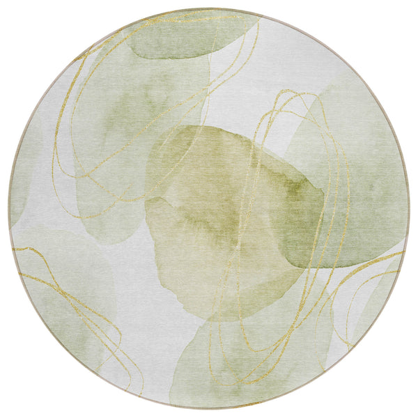 Homeroots 8' Round Green And Ivory Round Abstract Washable Non Skid Indoor Outdoor Area Rug Green Polyester 562106