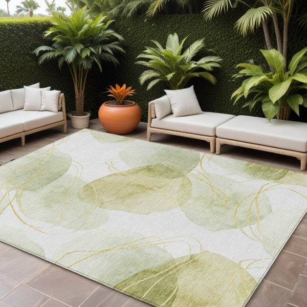 HomeRoots 5' Green and Ivory Abstract Washable Area Rug - Durable Non-Skid Design for Indoor & Outdoor Spaces 8' X 10' 562107