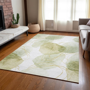 HomeRoots 5' Green and Ivory Abstract Washable Area Rug - Durable Non-Skid Design for Indoor & Outdoor Spaces 8' X 10' 562107